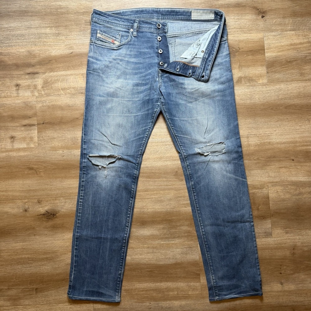 Diesel Buster Jeans Men 34x30 Blue Slim Tapered Stretch Destroyed Rock 0853R